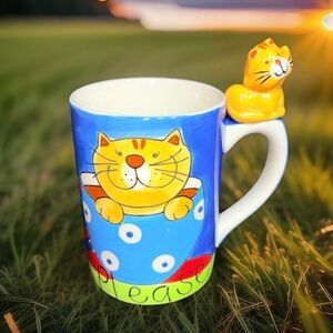 Indra Fine Stoneware Hand-Painted 3D Orange Cat Handle Coffee Mug Blue Thailand